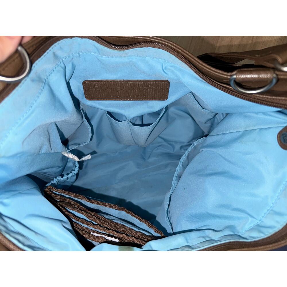Petunia Pickle Bottom Brown Blue Faux Leather Zipper Pockets Diaper Bag w Straps - Picture 5 of 6